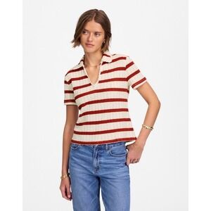 Madewell Red Cream Crochet-Knit V-Neck Sweater Tee Women's XL NWT